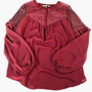 Burgundy Heartloom loose fitting blouse with lace insets on bodice and sleeves